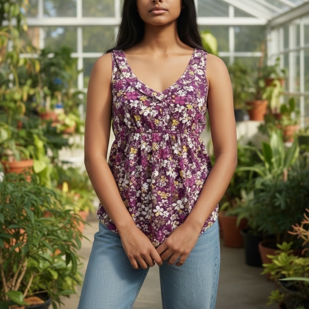 ❤️ 2/$11 Elle Floral Babydoll Purple Yellow Womens Tank Top size Small